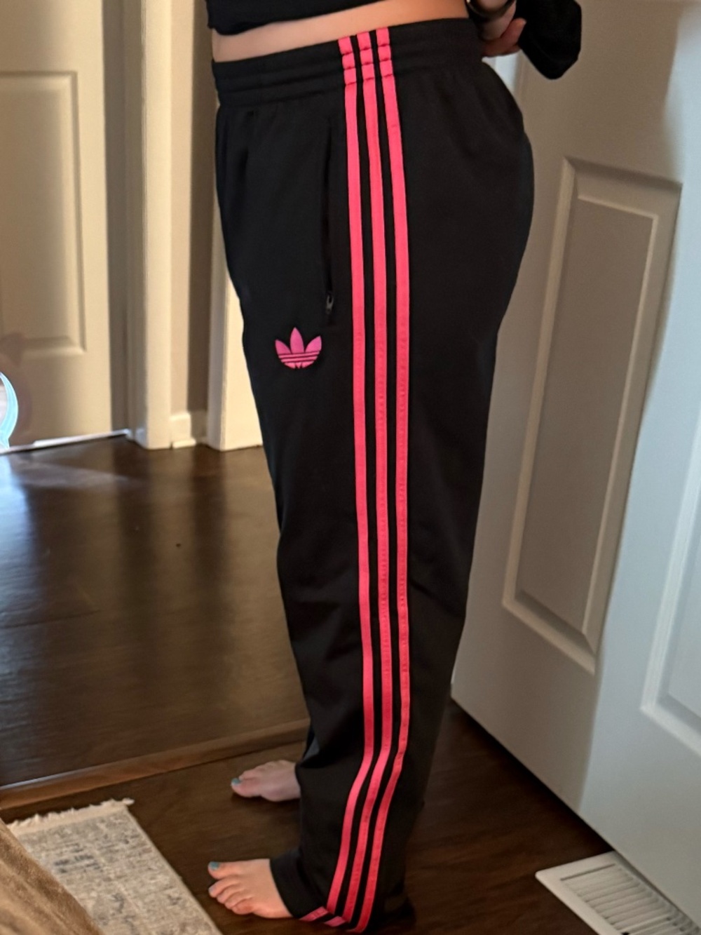Adidas Track Pants Black with Pink Stripes Trefoil Logo Size L Joggers